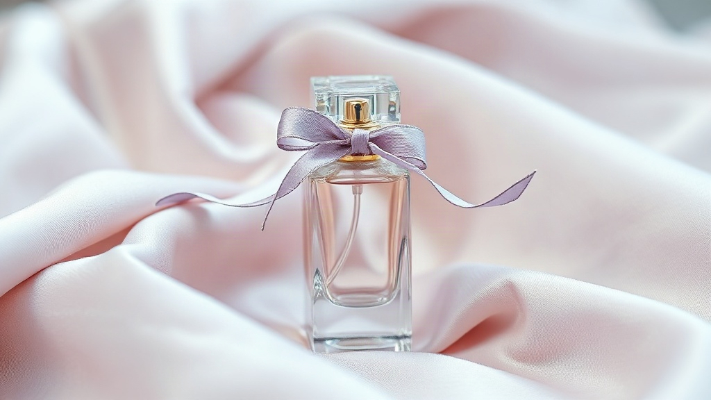 an elegant glass perfume atomizer cap and ribbon displayed on soft draped silk fabric in a pale lilac and gold color pal