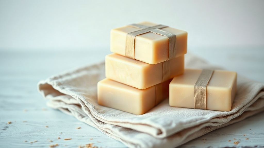 neatly stacked bars of perfumed soap wrapped in simple paper bands on a folded linen cloth, soft natural daylight, minim