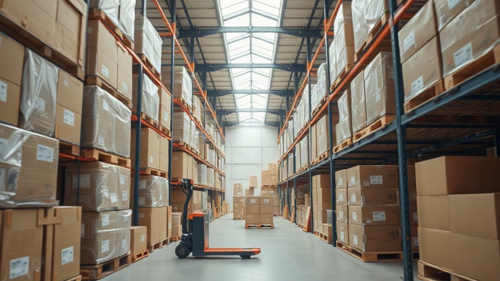 wide-angle photo of a bright wholesale warehouse aisle lined with wooden pallets stacked with sealed cardboard shipping