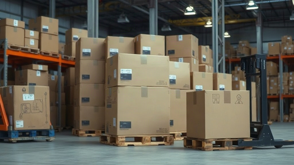 a warehouse logistics scene with stacked cardboard shipping cartons on wooden pallets, a pallet jack nearby, workers han