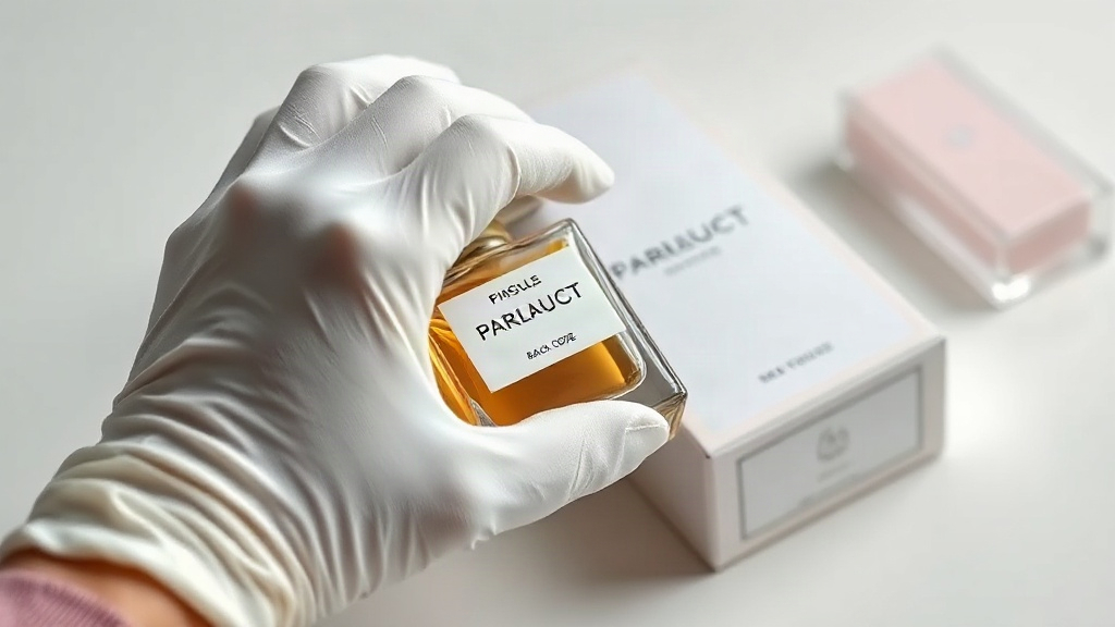 close-up of a hand wearing a white cotton glove inspecting a perfume bottle and its branded outer box with a visible bat