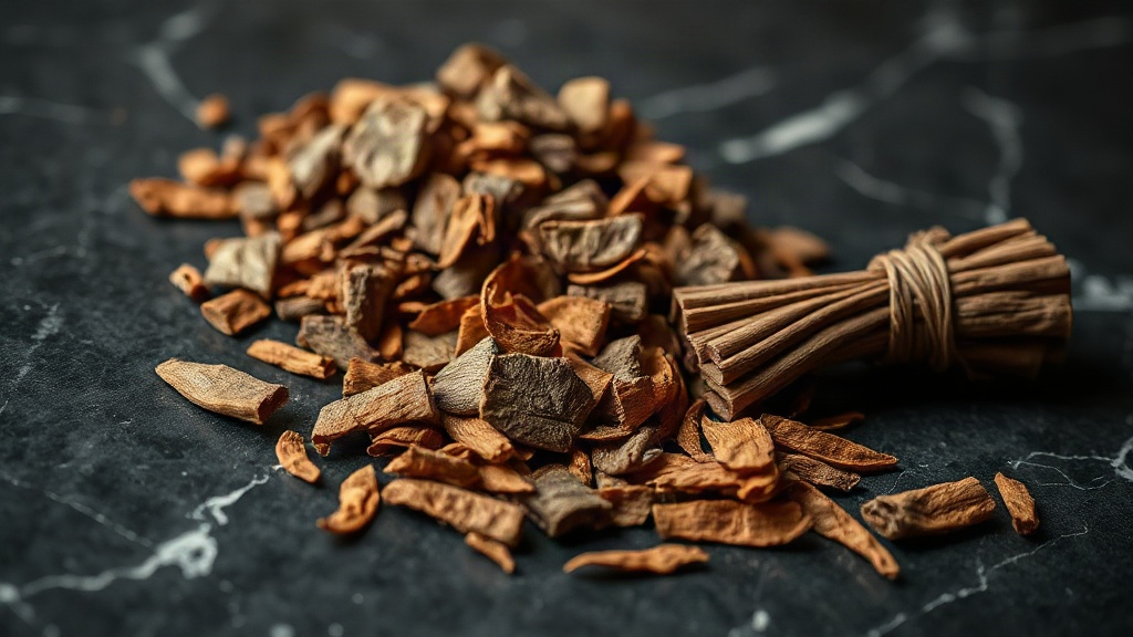 Macro close-up of raw oud agarwood bark chips, dried resin pieces, and a small bundle of rosewood shavings arranged on a