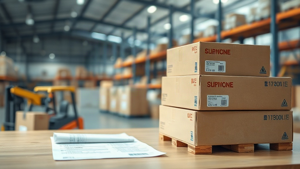 customs clearance desk with stacked cardboard shipping cartons, a shipping manifest and stamped documents, a shrink-wrap