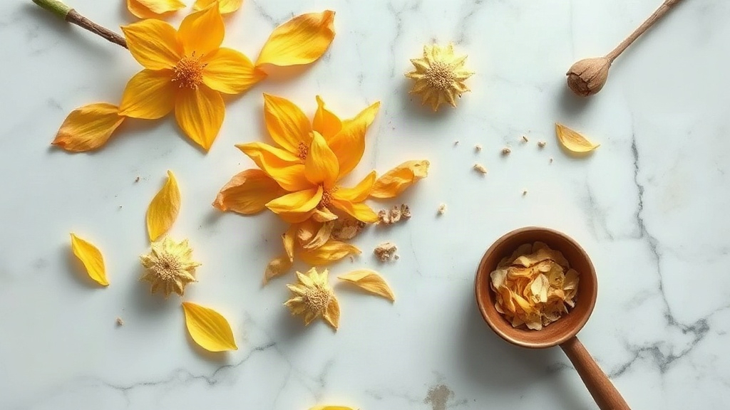 overhead flat-lay of fresh ginger flower petals, freesia blossoms, and pale sandalwood shavings arranged on a polished w
