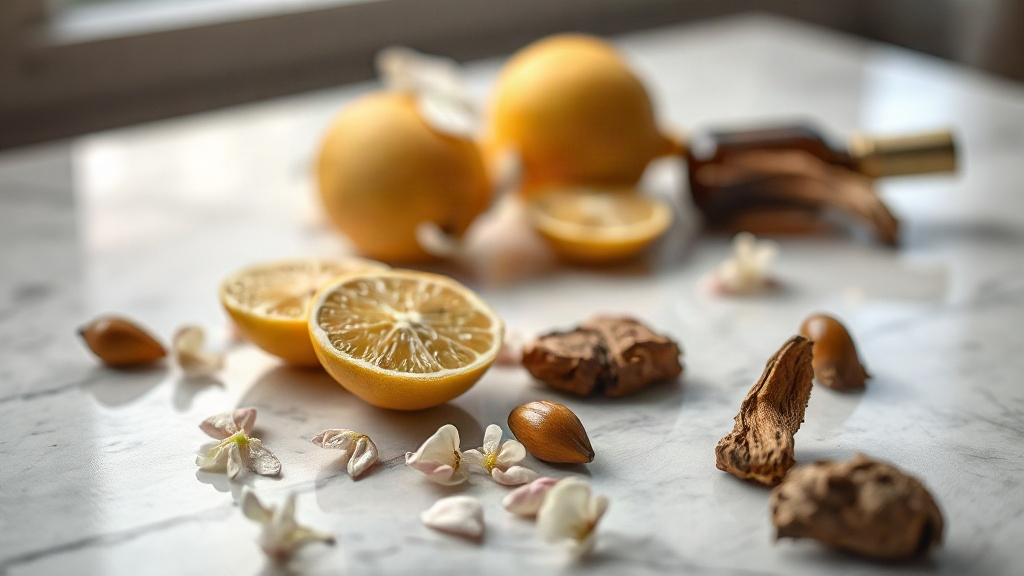 close-up still life of perfume-making raw materials on a polished marble table, fresh bergamot halves, scattered jasmine