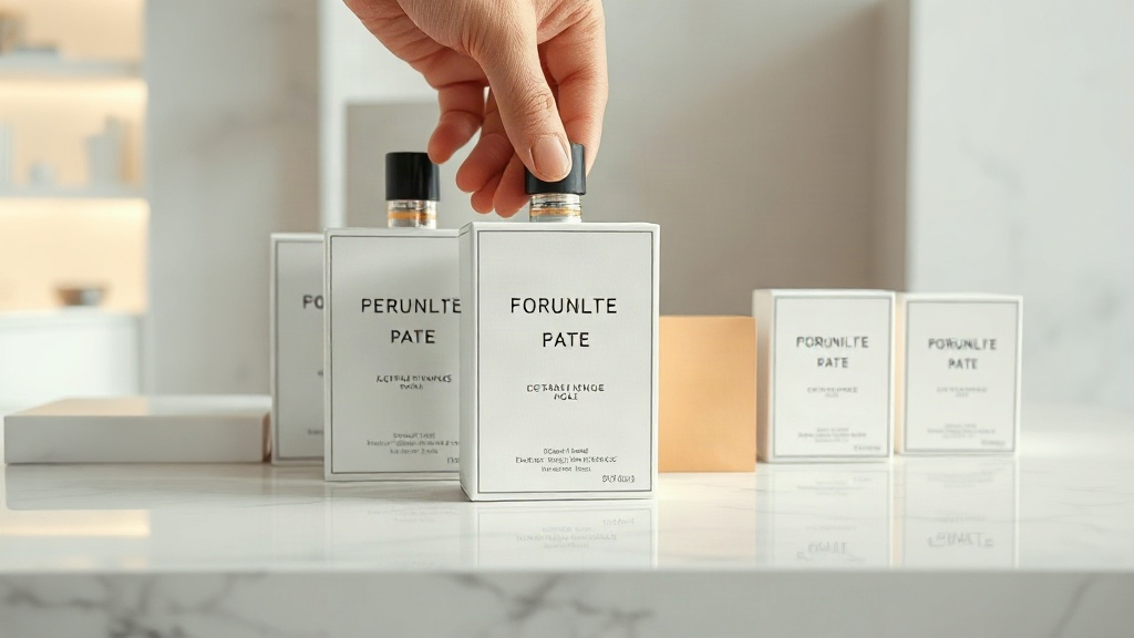elegant perfume packaging boxes arranged on a white marble retail counter, a hand carefully placing one box into positio