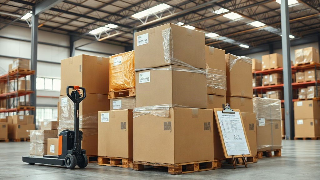 Warehouse logistics scene showing stacked cardboard shipping cartons on wooden pallets, a pallet jack, shipping labels a