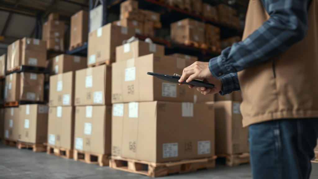 warehouse scene with wooden pallets stacked with sealed cardboard shipping cartons, a worker's hand checking a clip