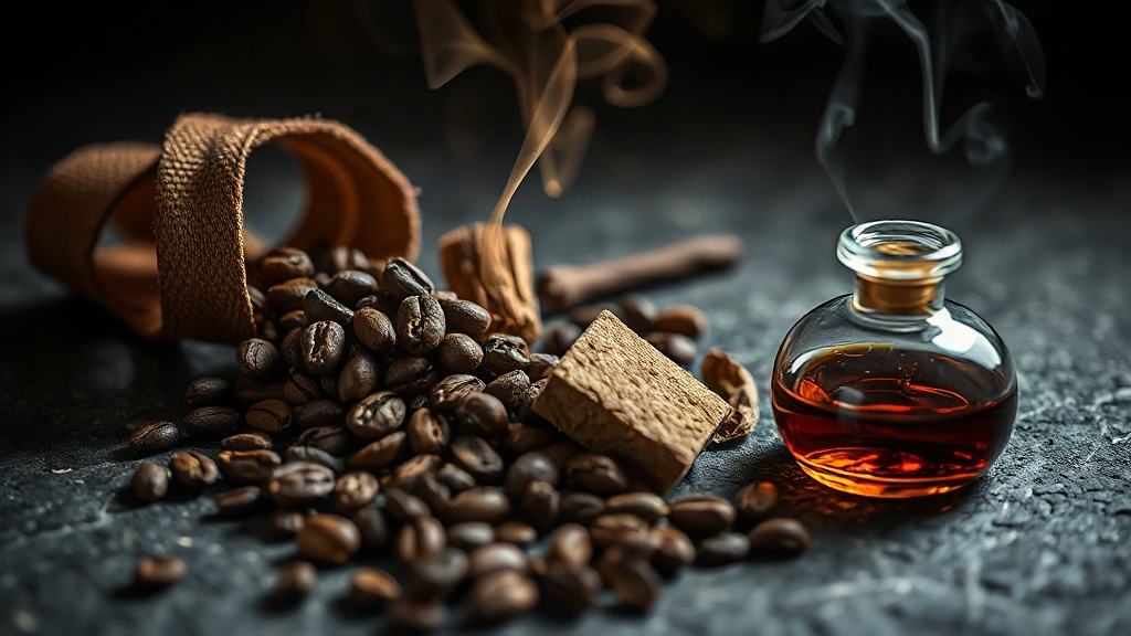 close-up still life of raw perfumery ingredients for a dark gourmand fragrance — roasted coffee beans, dried tobacco lea
