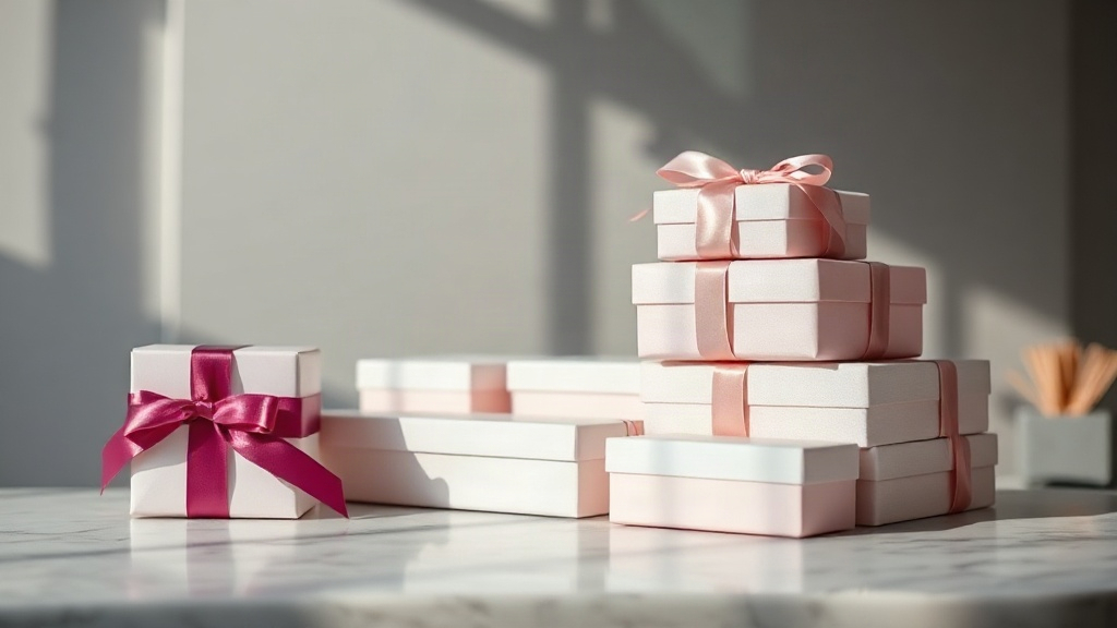elegant perfume gift boxes stacked on a polished marble counter, satin ribbon and tissue paper, soft directional light,