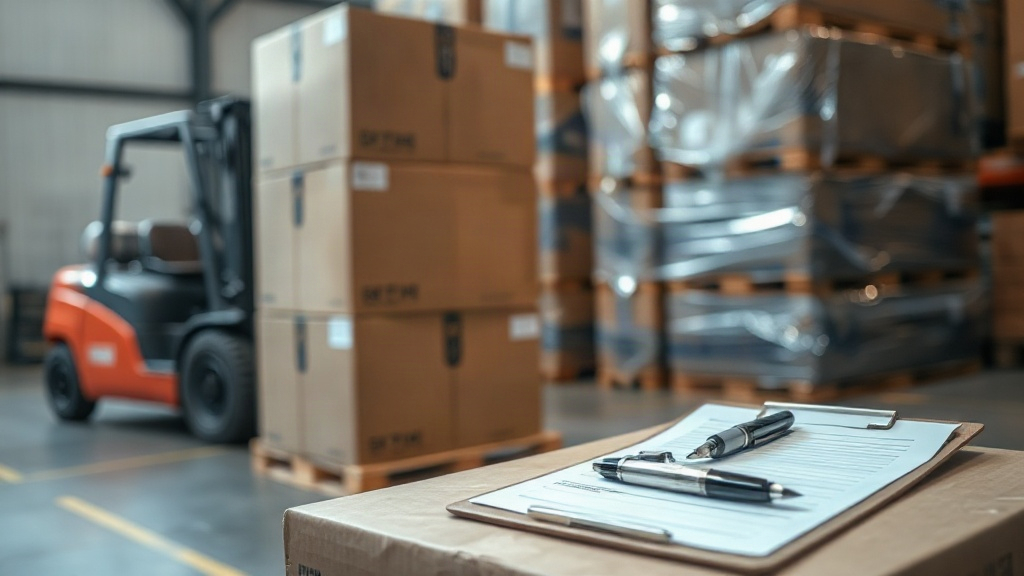 a warehouse logistics scene with stacked cardboard cargo boxes on wooden pallets, shrink-wrapped shipment ready for expo