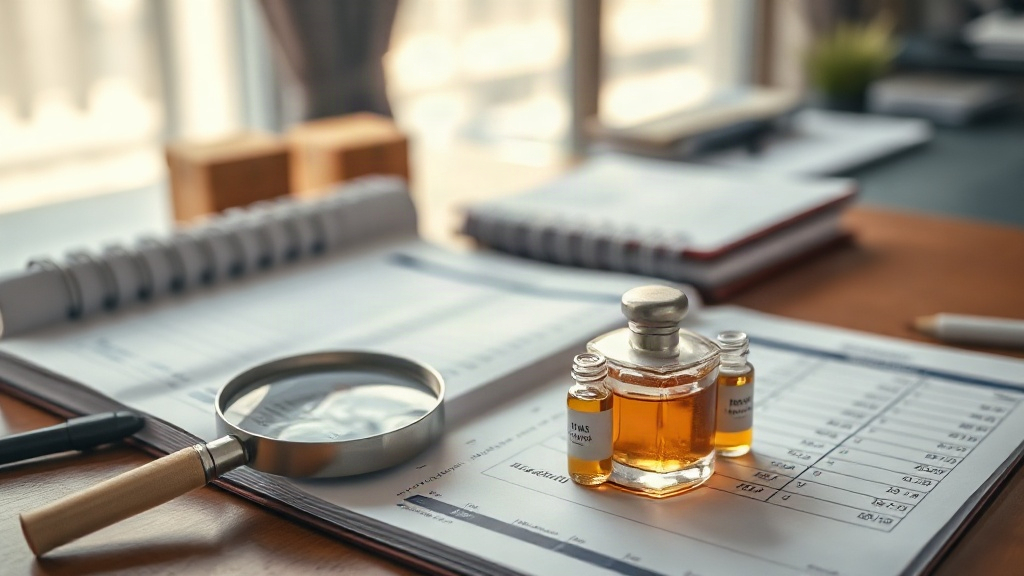 wholesale office desk with an open shipping ledger, a magnifying glass over printed customs documents, a small stack of 