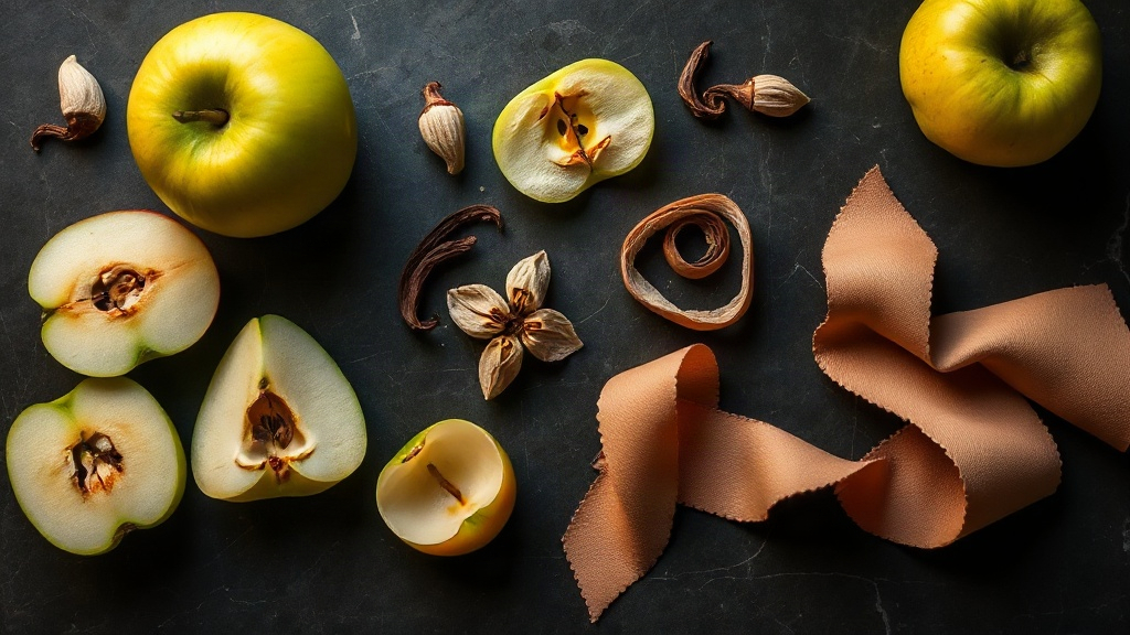 overhead flat-lay of raw perfumery ingredients on a dark marble surface — fresh green apple halves, cracked cardamom pod