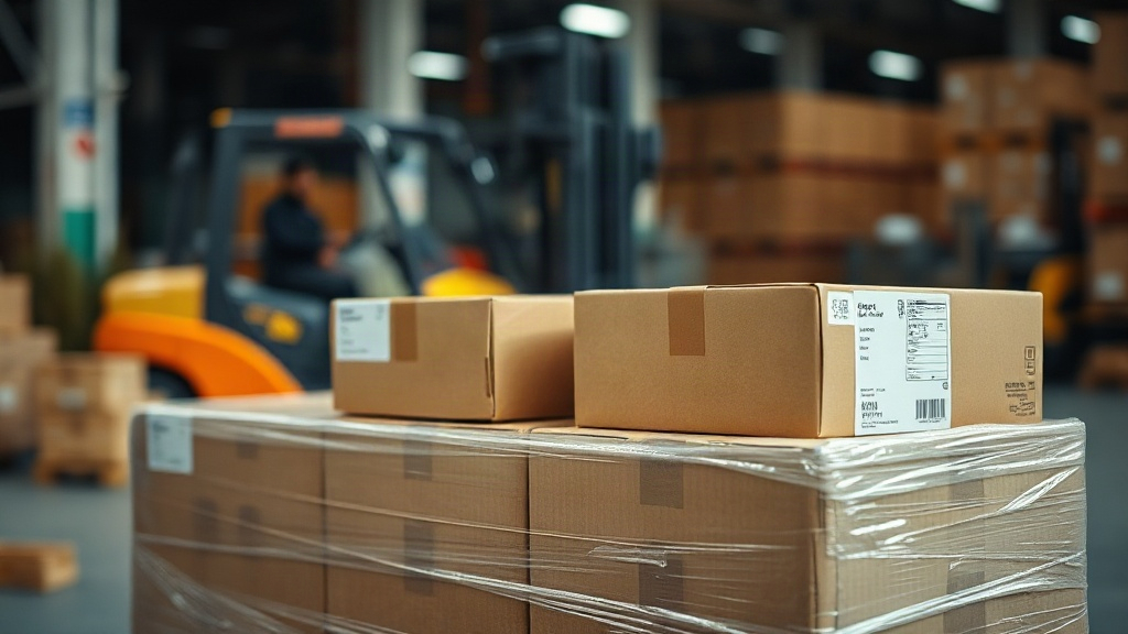 Cargo shipping boxes stacked on a pallet wrapped in plastic film inside a customs warehouse, a forklift blurred in the b