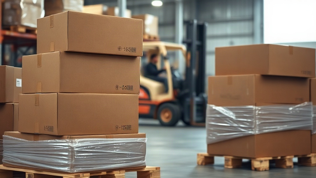 warehouse loading area with stacked cardboard shipping boxes on wooden pallets wrapped in stretch film, forklift blurred