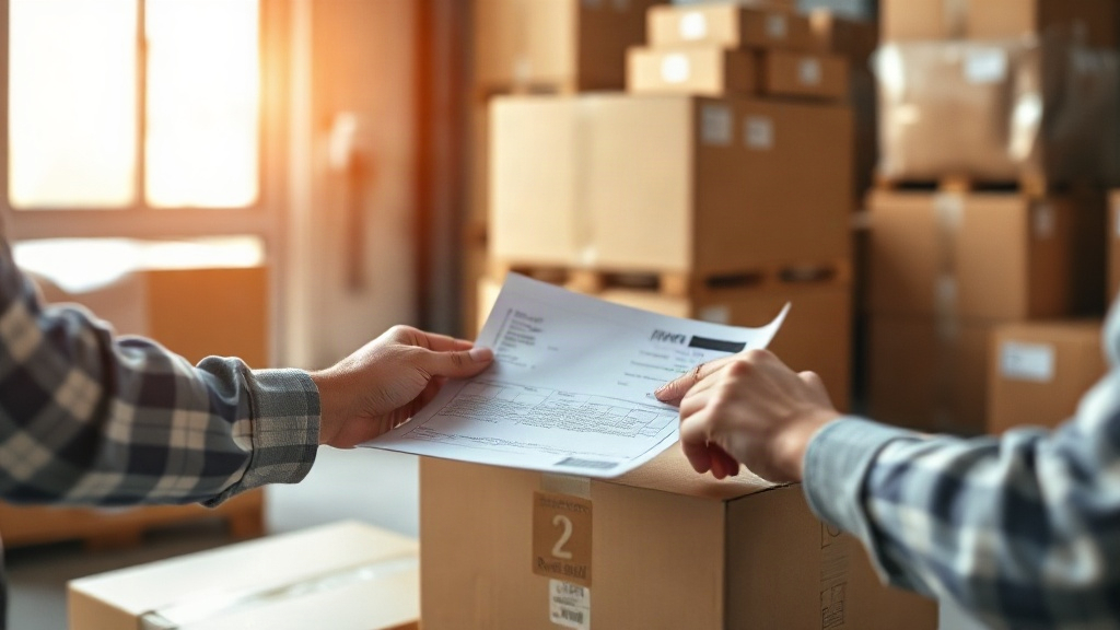 two hands in a warehouse checking a stack of sealed cardboard shipping boxes against a printed delivery document, close-