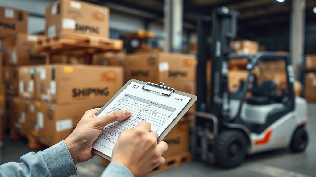 hands reviewing shipping and customs paperwork on a clipboard beside stacked cargo boxes in a logistics warehouse, palle