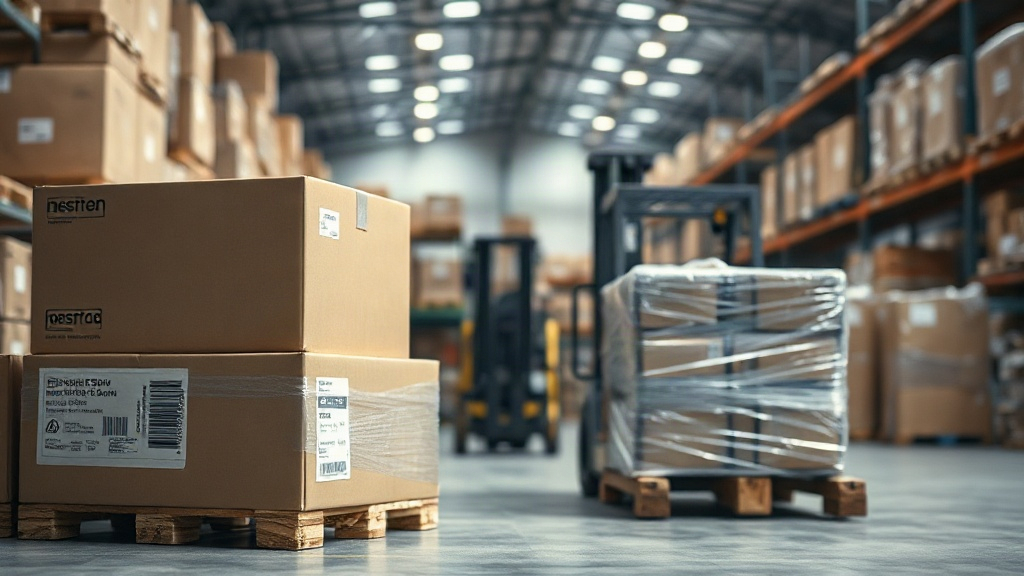 warehouse interior with stacked cardboard shipping boxes and wrapped wooden pallets ready for logistics, forklift in sof