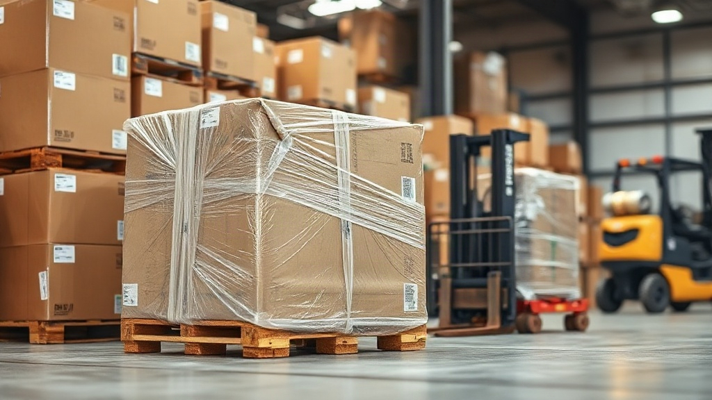 Warehouse logistics scene with stacked cardboard shipping boxes on wooden pallets, one pallet fully shrink-wrapped and r