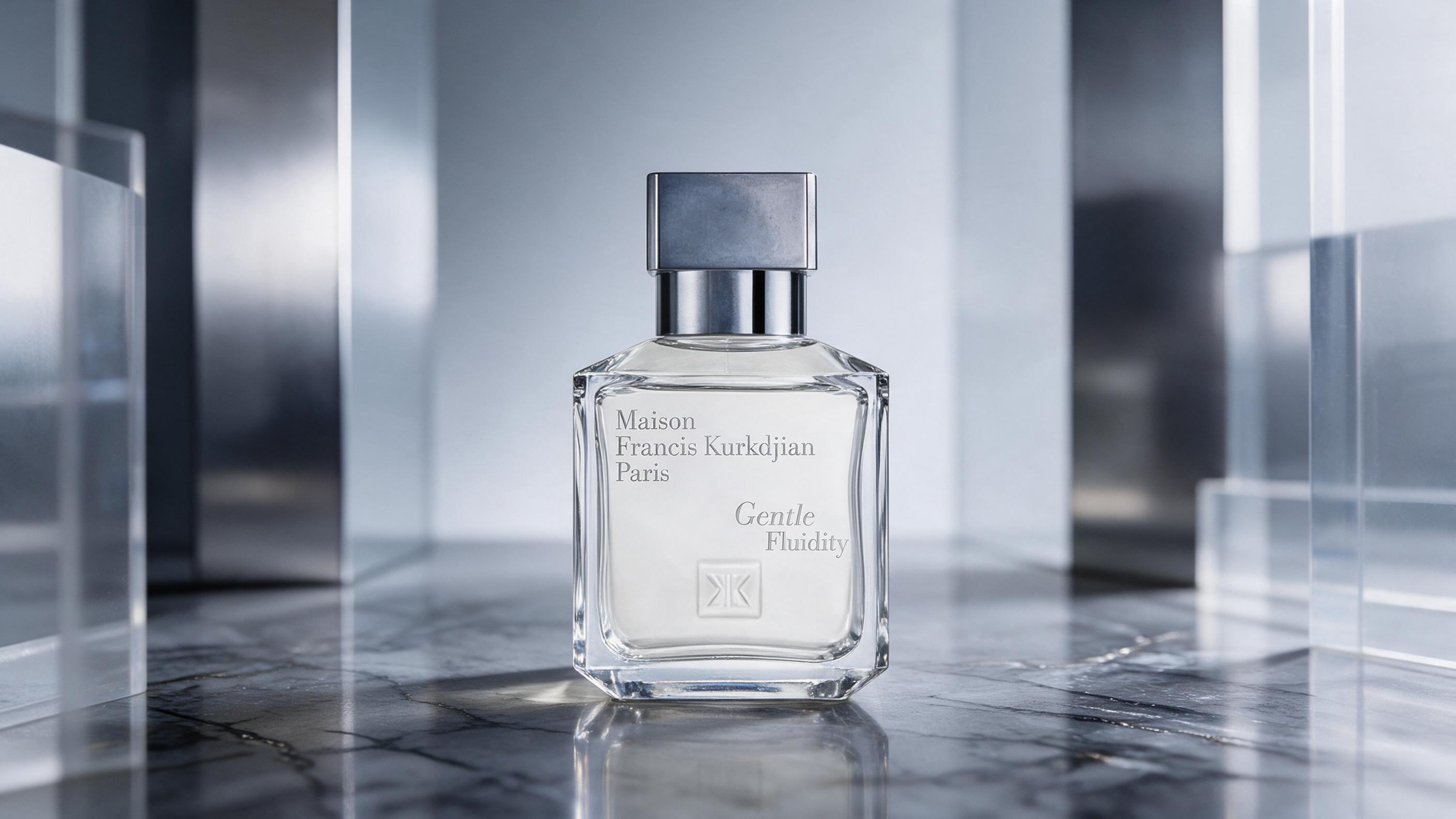 elegant silver and grey perfume bottle with minimalist rectangular cap, cool metallic tones, standing on a polished dark