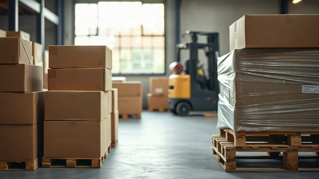 Warehouse interior with stacked cardboard shipping boxes and wooden pallets wrapped in stretch film, a forklift in soft 