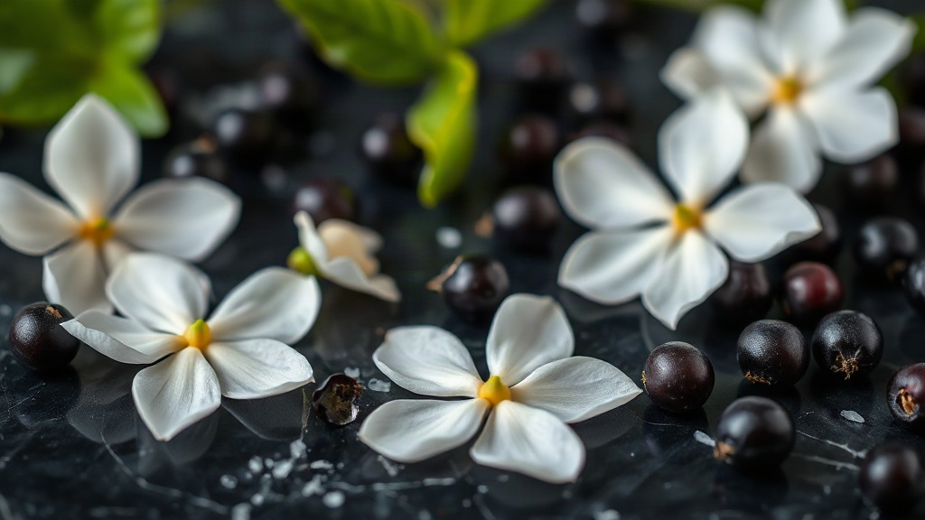 close-up macro photo of fresh jasmine blossoms and blackcurrant berries scattered on a dark marble surface, soft studio 