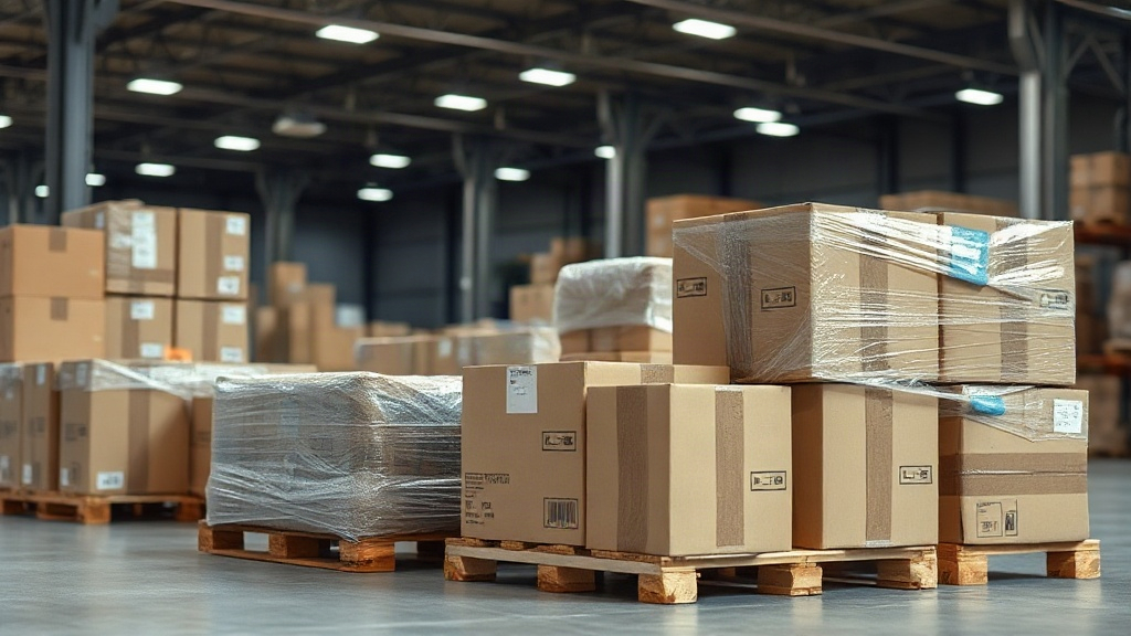 warehouse interior with stacked sealed cardboard shipping boxes on wooden pallets, wrapped in stretch film, forklift pal