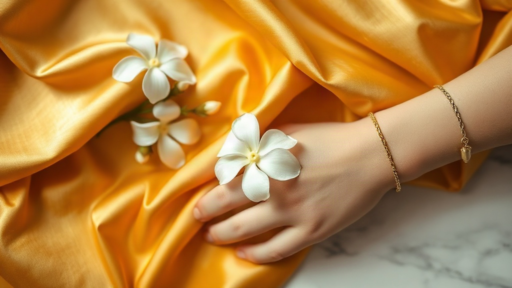 elegant flat lay composition of golden silk fabric, fresh white jasmine flowers and a delicate gold chain bracelet resti