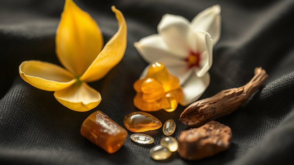 close-up macro shot of raw perfumery ingredients arranged on dark textured fabric — fresh bergamot peel, jasmine blossom