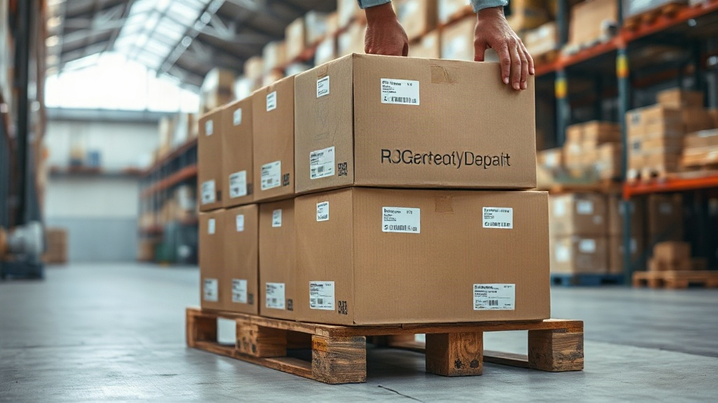 warehouse worker's hands checking and scanning a stack of sealed cardboard shipping boxes on a wooden pallet inside