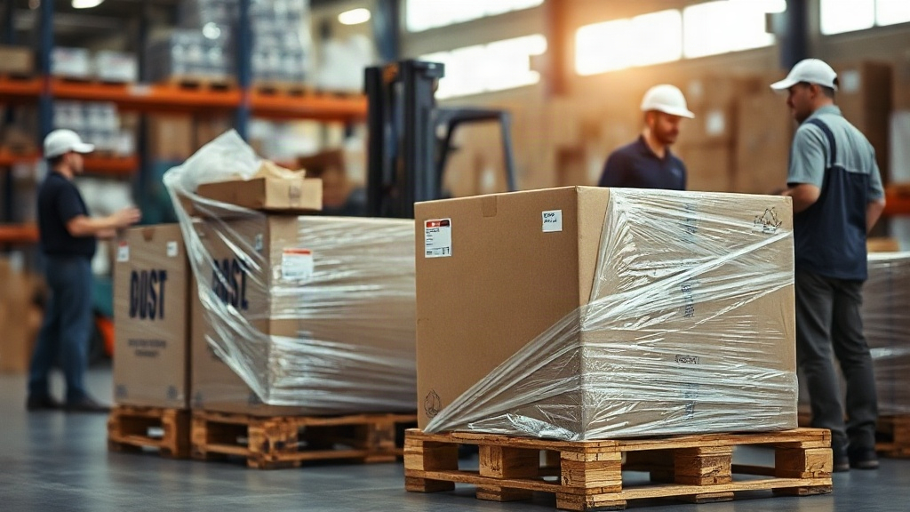 warehouse workers wrapping export cargo boxes on wooden pallets with stretch film, forklift in the background, industria