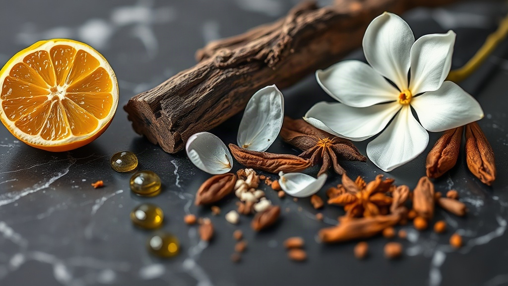 close-up still life of raw perfumery ingredients on a dark marble surface — fresh bergamot halves, white jasmine blossom