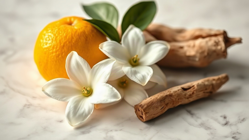 close-up still life of fresh bergamot fruit, white jasmine blossoms, and a piece of raw oud wood arranged on a polished 