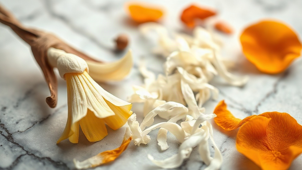close-up macro photo of raw perfumery ingredients arranged on a marble surface, fresh iris root, vanilla pods, coconut s