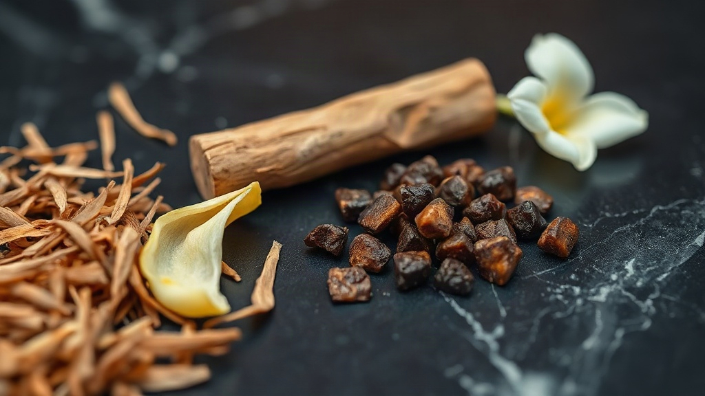close-up still life of raw perfumery ingredients on a dark marble surface, cedar wood shavings, dried bergamot peel, a s