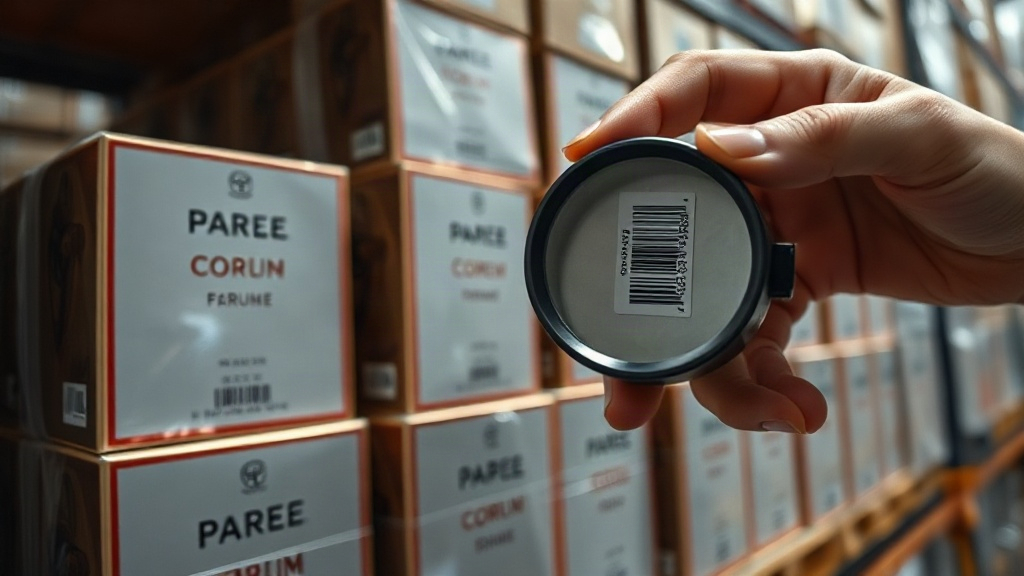 close-up photo of sealed branded perfume outer cartons stacked on a warehouse shelf, a hand holding one closed carton bo