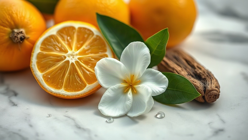close-up of fresh bergamot citrus fruits, white jasmine flowers and a small piece of raw oud wood arranged on a wet marb