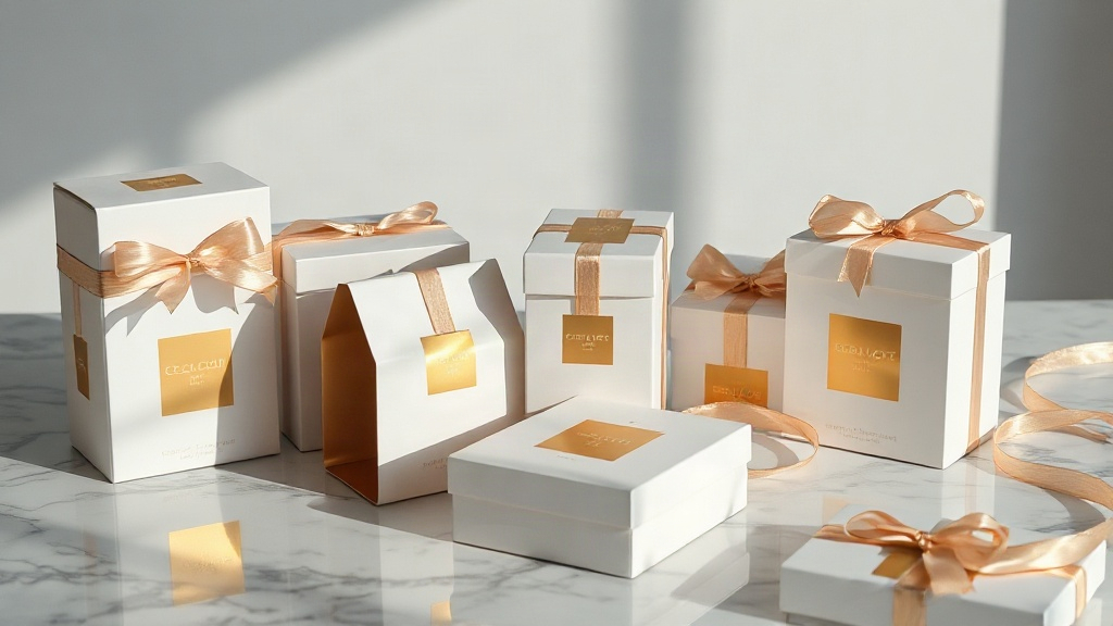 An arrangement of elegant sealed perfume packaging boxes with gold foil detailing, stacked neatly on a polished marble s