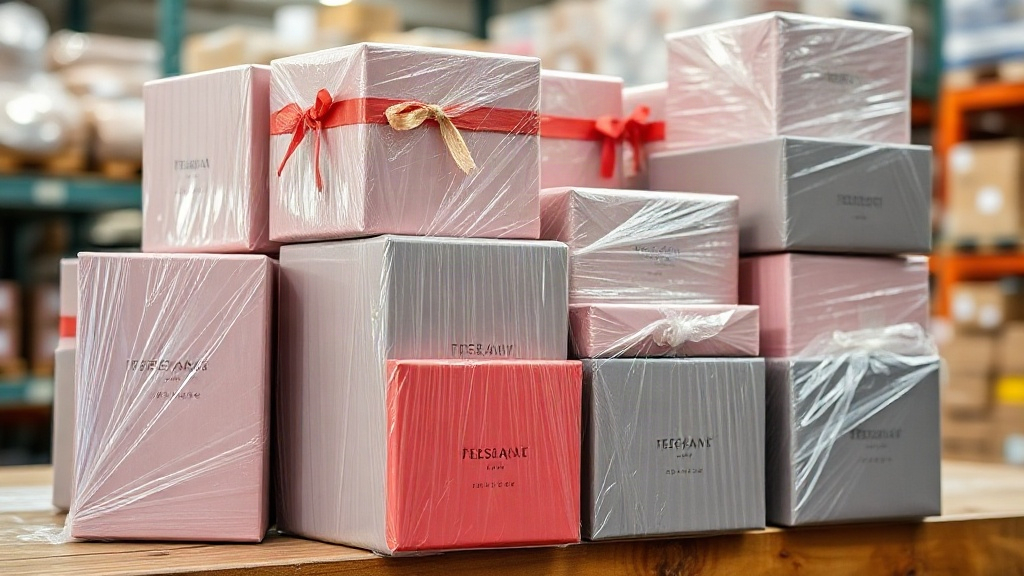 stack of sealed branded perfume gift boxes wrapped in protective film, ready for wholesale export shipment, arranged nea