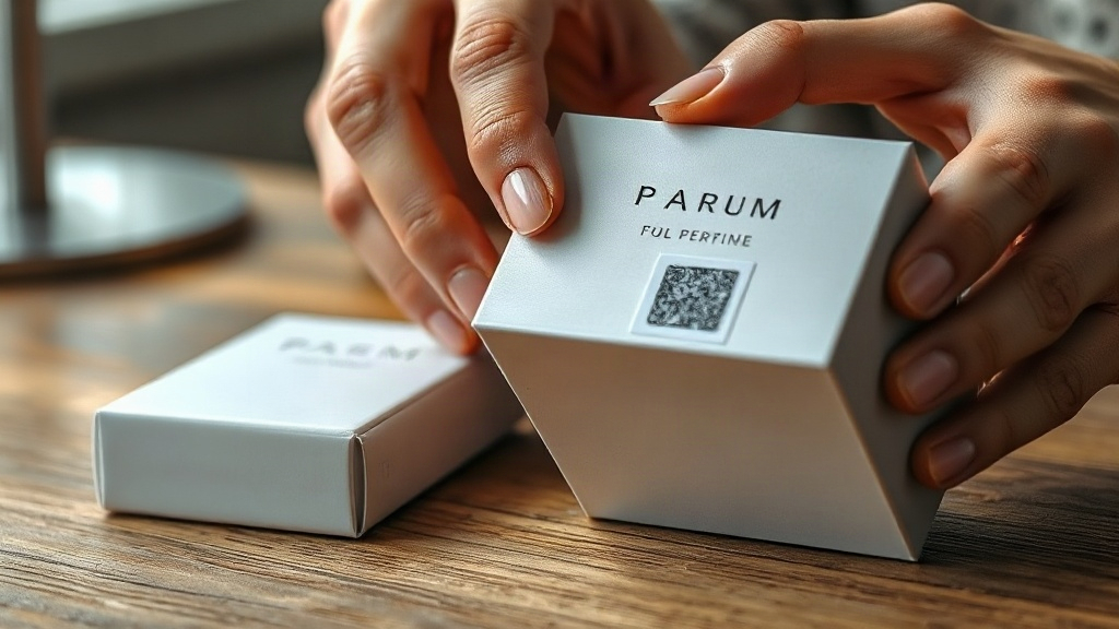 Close-up of hands inspecting a sealed perfume packaging box with an authenticity hologram sticker, on a wooden desk, sof