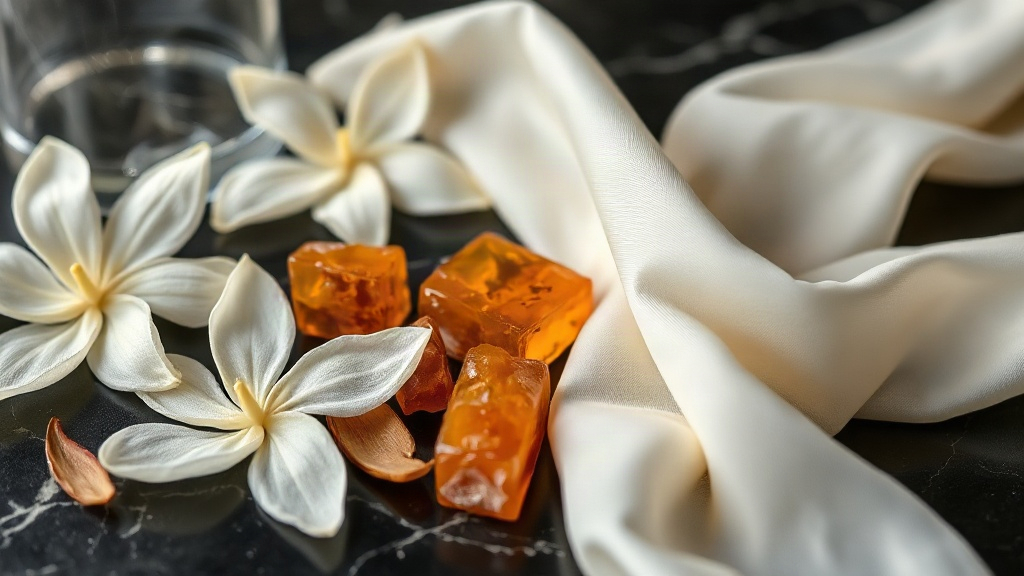 elegant still life of raw perfumery ingredients for a luxury niche fragrance line, fresh jasmine blossoms, dried bergamo