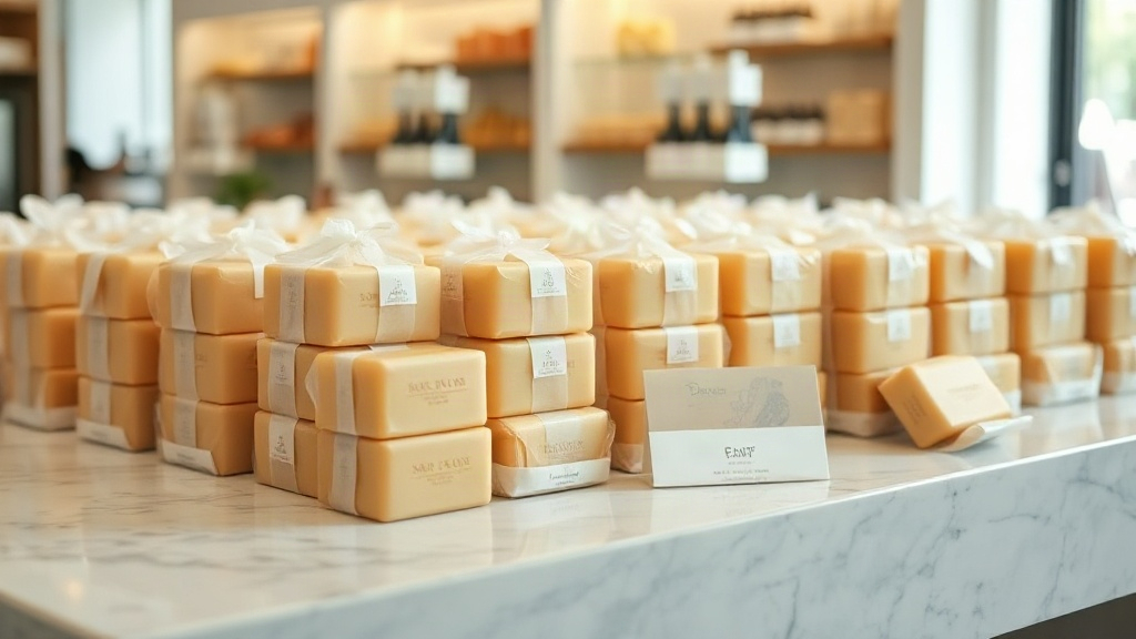 rows of neatly wrapped soap bars stacked on a marble counter in a bright retail display, soft daylight, minimal styling,