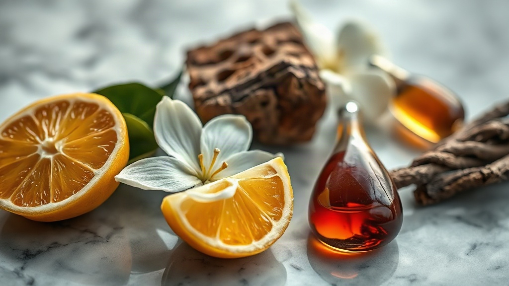 Close-up still life of perfumery raw materials on a polished marble surface: fresh bergamot citrus halves, jasmine bloss