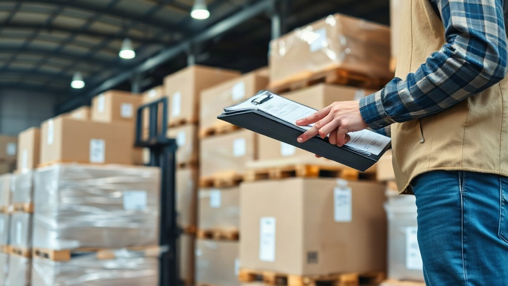 warehouse interior with wrapped wooden pallets and sealed cardboard shipping boxes stacked for export, a worker's h