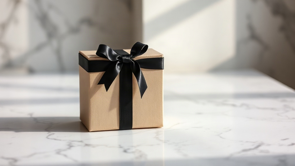 elegant closed perfume gift box wrapped with a dark ribbon on a polished marble counter, soft studio lighting, minimalis