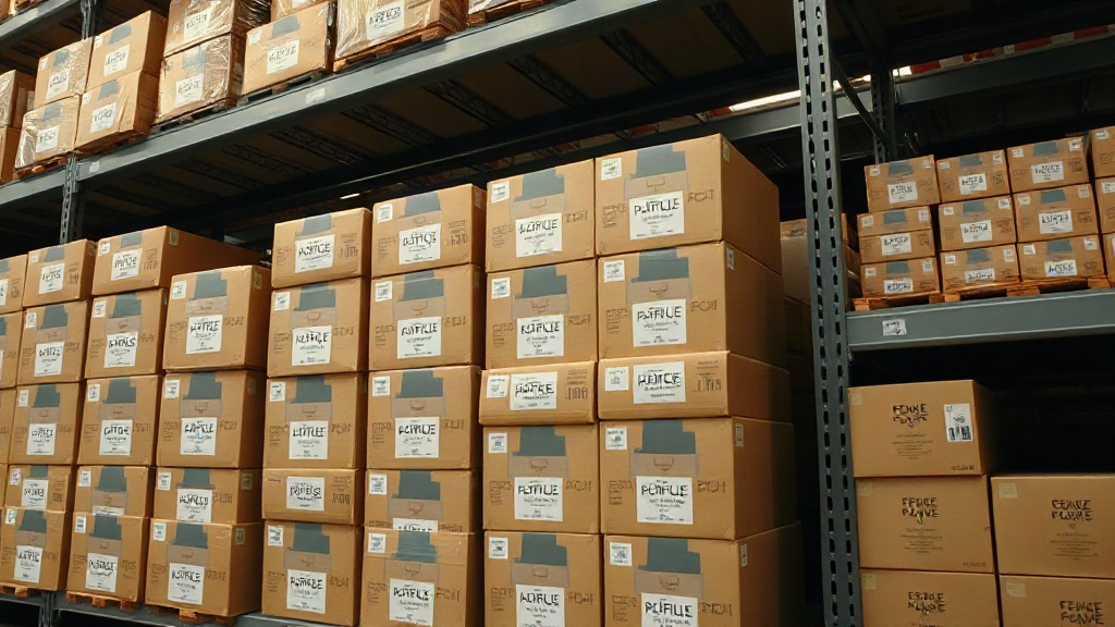 neat rows of sealed cardboard perfume packaging boxes stacked on a warehouse shelf, wide angle, soft warehouse lighting,