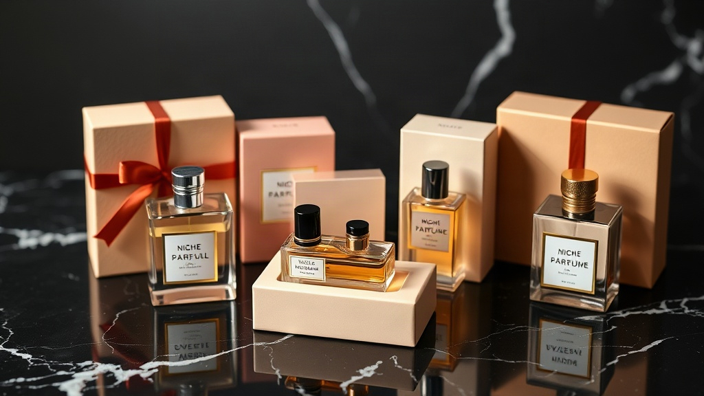 elegant arrangement of several niche perfume tester bottles with their matching gift boxes displayed on a black marble s
