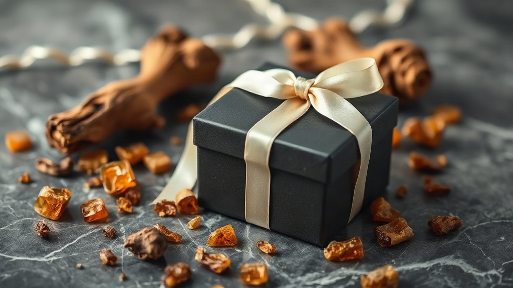 elegant closed perfume gift box wrapped with a satin ribbon, placed on a dark marble surface surrounded by scattered oud