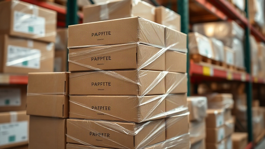 stack of sealed branded perfume cardboard boxes wrapped in clear cellophane on a warehouse shelf, ready for wholesale di