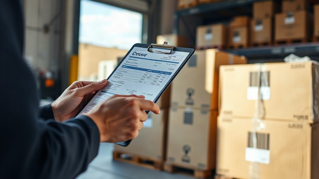 two hands reviewing shipping invoice documents and a clipboard beside cardboard cargo boxes on a warehouse pallet, natur